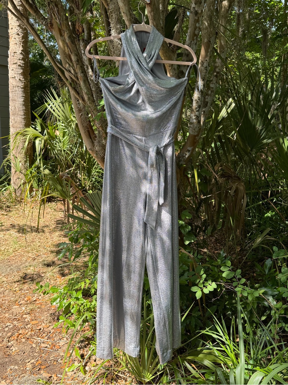 Jennifer Lopez Silver Metallic Halter Jumpsuit